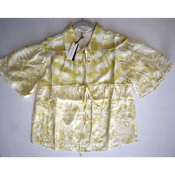 Banana Republic Women Petite Sz XS Yellow Floral Matte Silk Tie-Front Shirt - Picture 8 of 9